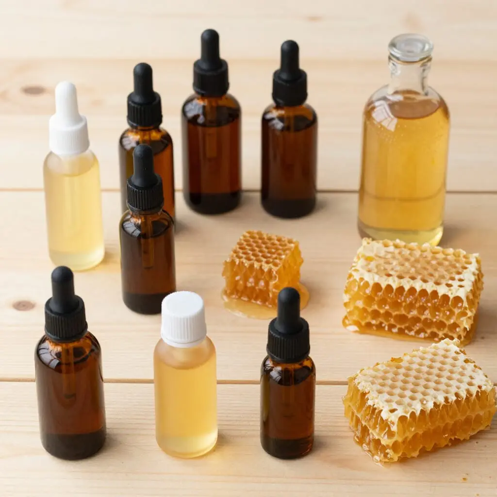Différentes formes liquides des produits de la ruche utilisées en apithérapie : sprays, gouttes et extraits buvables