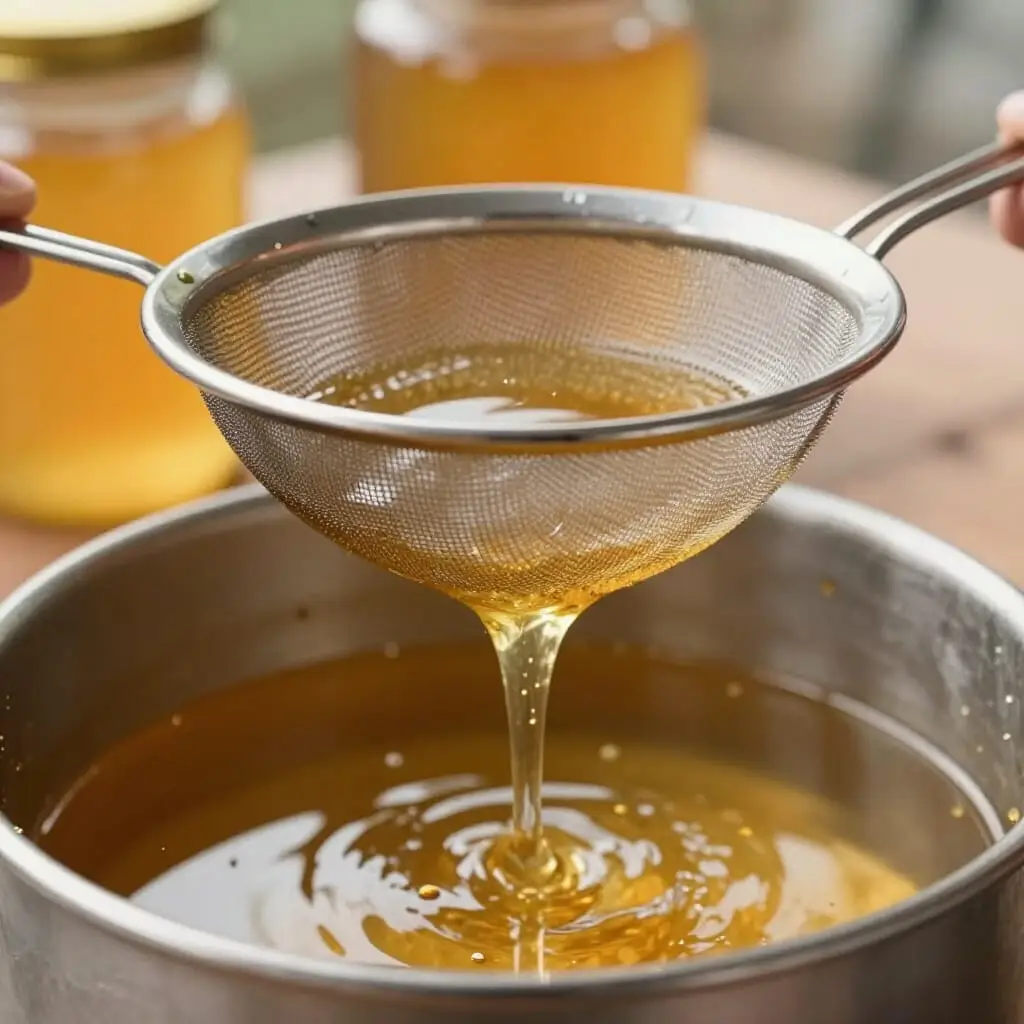 Filtration du miel avec un tamis inox pour éliminer les impuretés après extraction