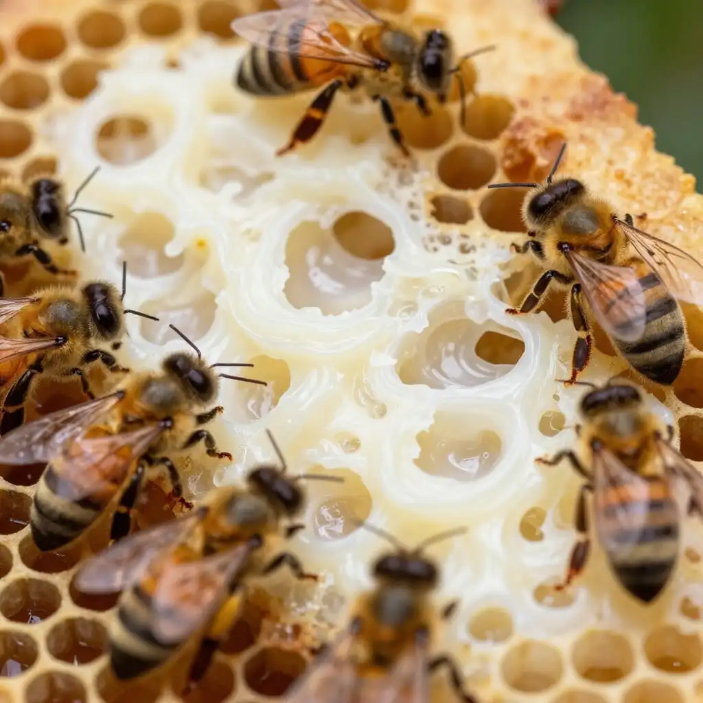 Gelée royale fraîche produite par les abeilles nourrices dans des cellules royales de la ruche