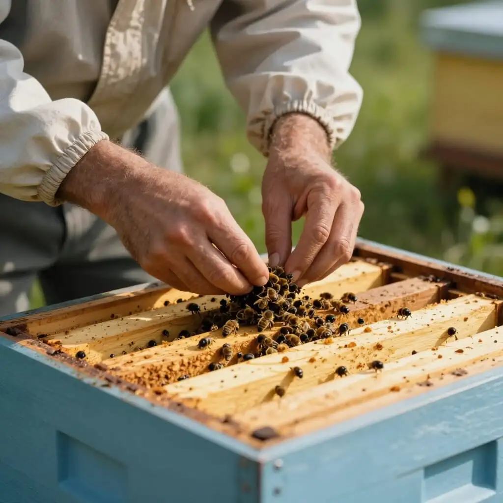 Installation d'un chasse-abeilles sous une hausse avant la récolte du miel
