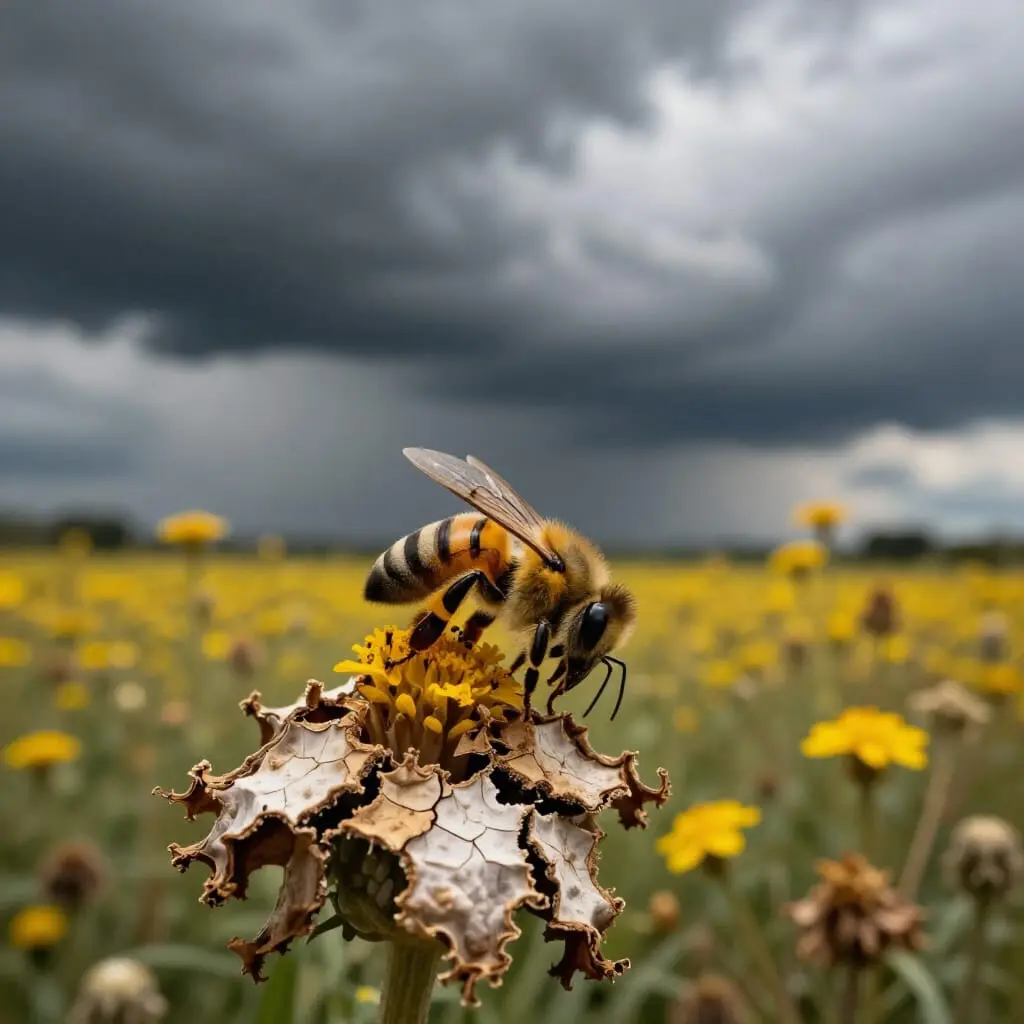 Abeille confrontée aux effets du changement climatique sur les fleurs et la sécheresse
