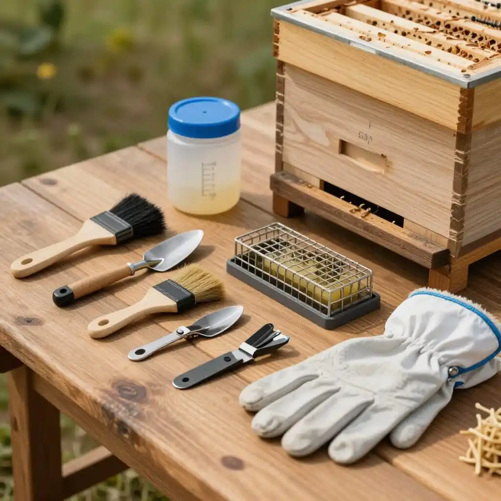 Ensemble des accessoires indispensables pour débuter en apiculture autour d'une ruche.