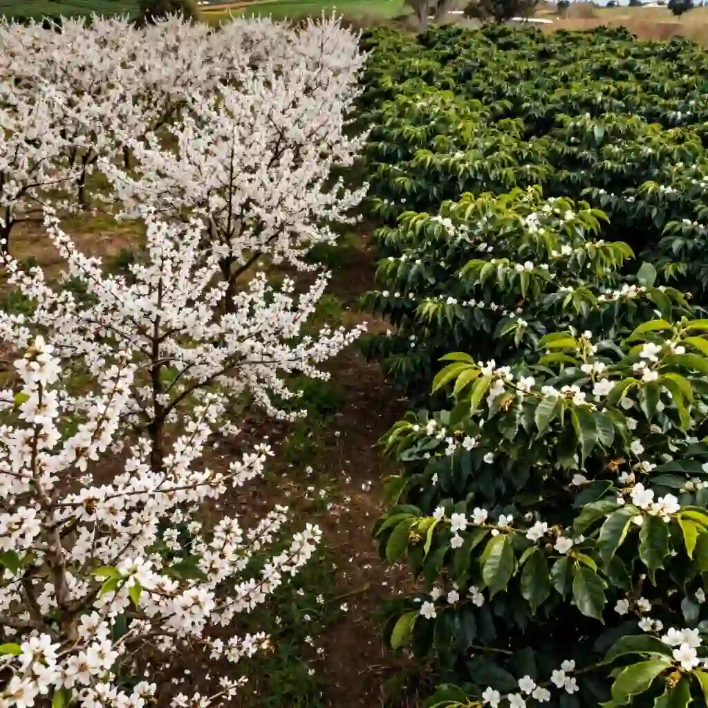 Abeilles pollinisant des fleurs d'amandier et de caféier dans des cultures agricoles