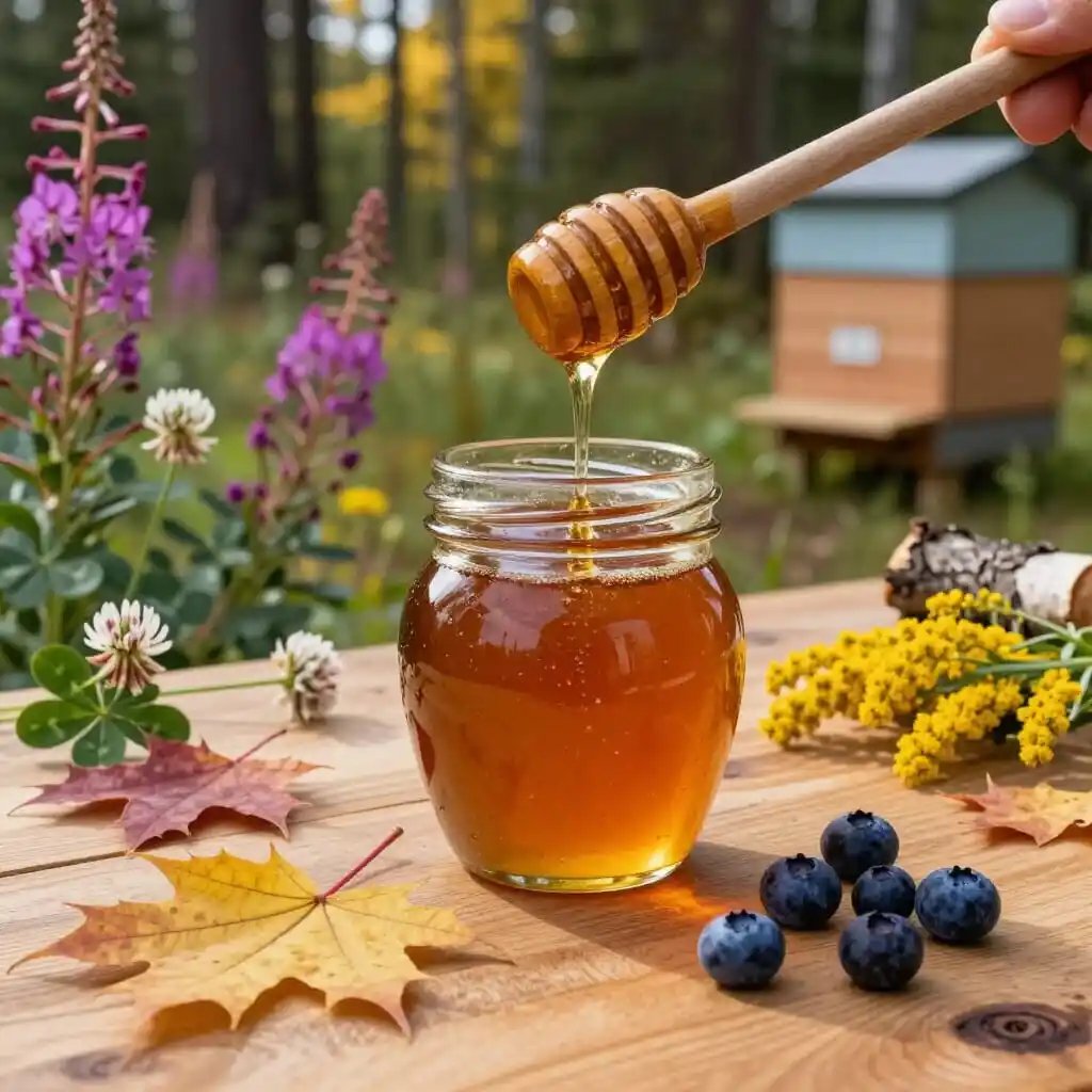 Pot de miel du Québec avec les fleurs sauvages et le terroir de la forêt boréale