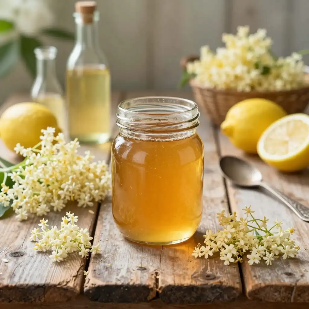 Pot de miel de sureau artisanal préparé à partir de fleurs de sureau, sans intervention des abeilles