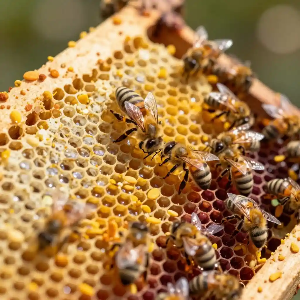Pain d'abeille stocké dans les alvéoles d'un rayon de cire au sein de la ruche