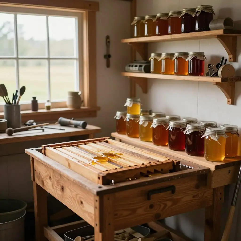 Petite miellerie artisanale installée chez soi avec extracteur à miel et matériel d'apiculteur