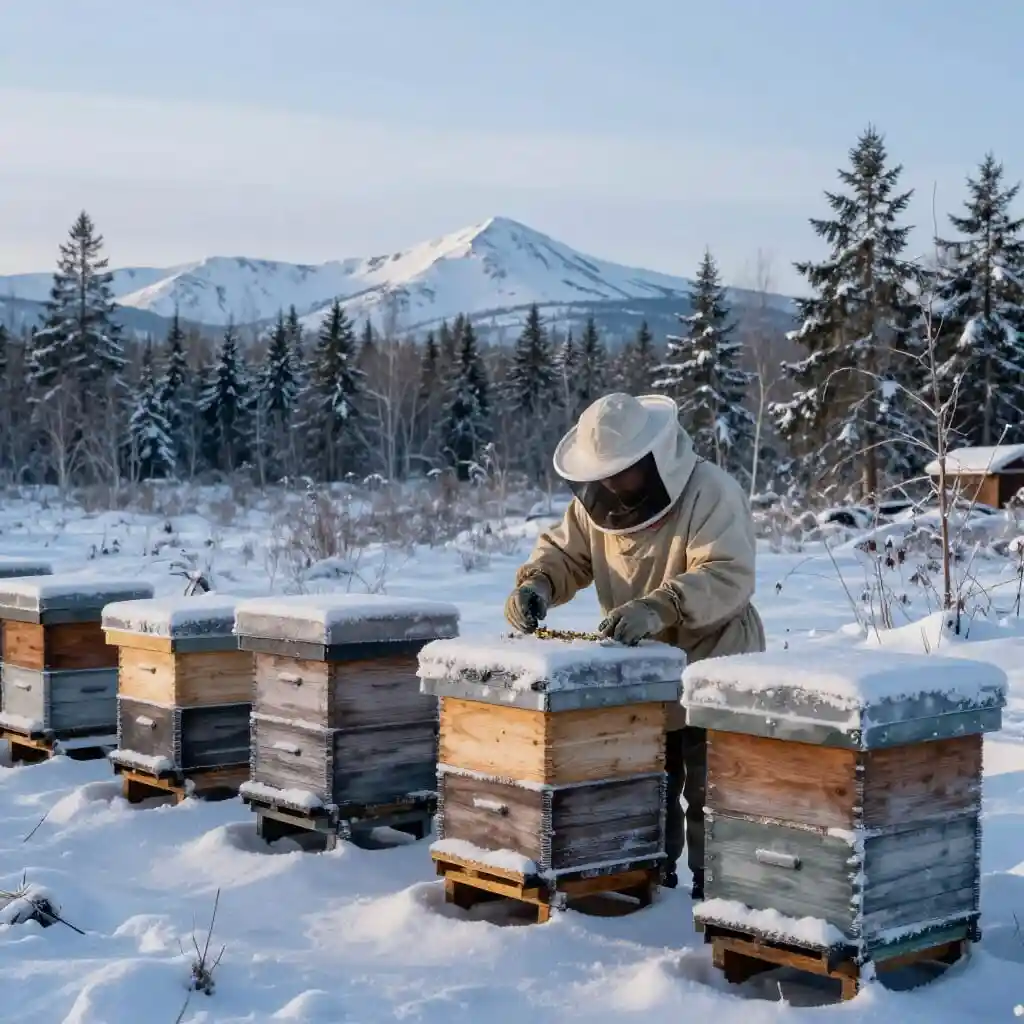 Rucher installé dans une région nordique enneigée illustrant l’apiculture en climat froid