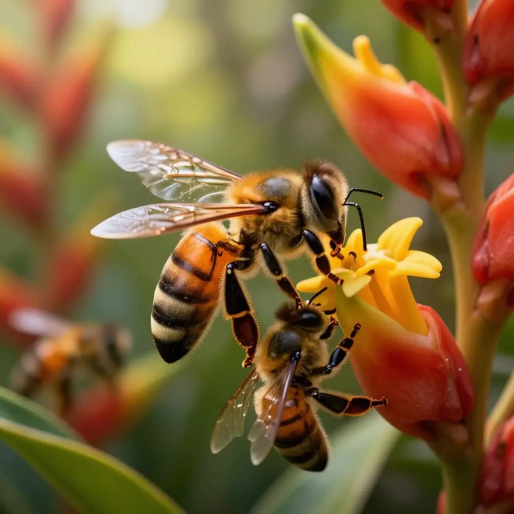 Abeilles butinant des fleurs tropicales.
