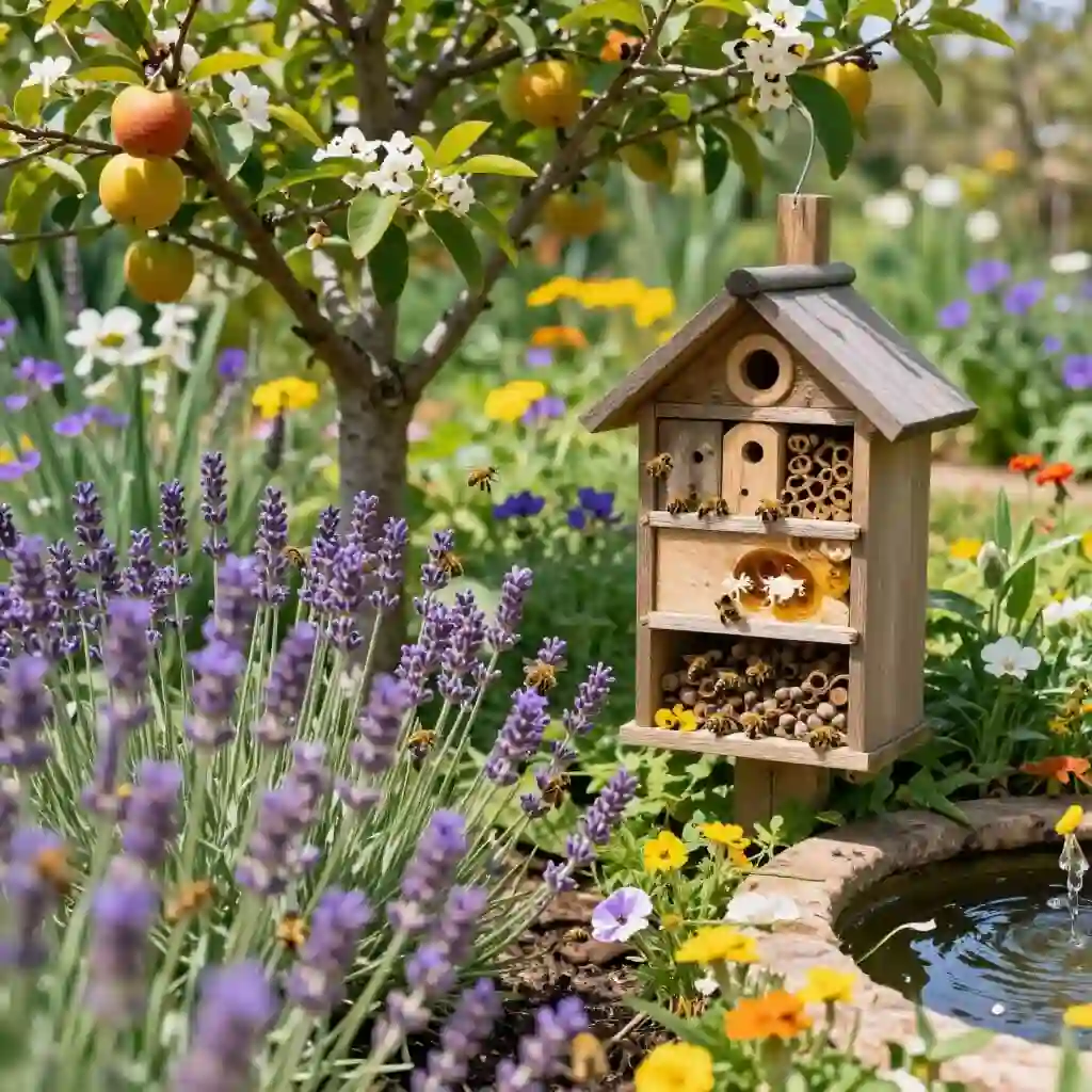 Jardin fleuri favorable aux abeilles avec des plantes mellifères et un point d'eau