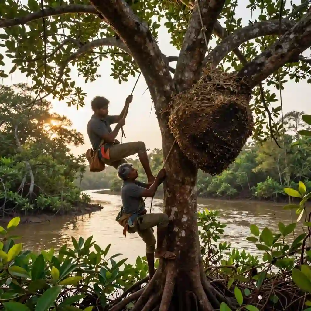 Récolte traditionnelle du miel sauvage dans la mangrove des Sundarbans.