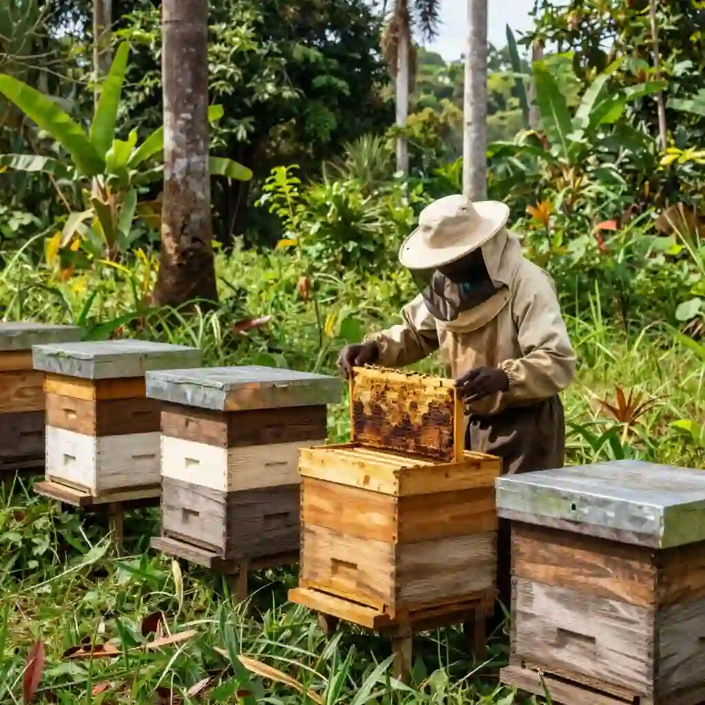 Rucher installé dans une région tropicale humide d'Afrique.