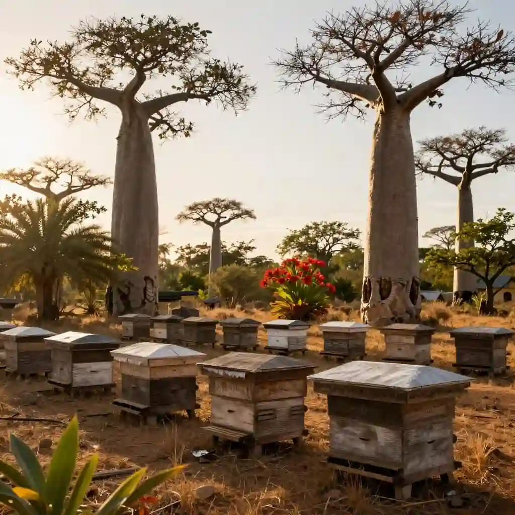 Rucher traditionnel à Madagascar entouré d'une biodiversité unique.