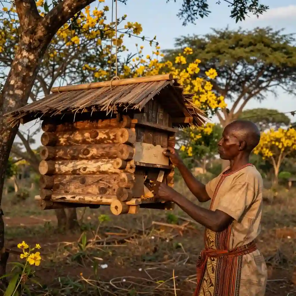 Ruches traditionnelles dans la forêt de Miombo en Tanzanie.