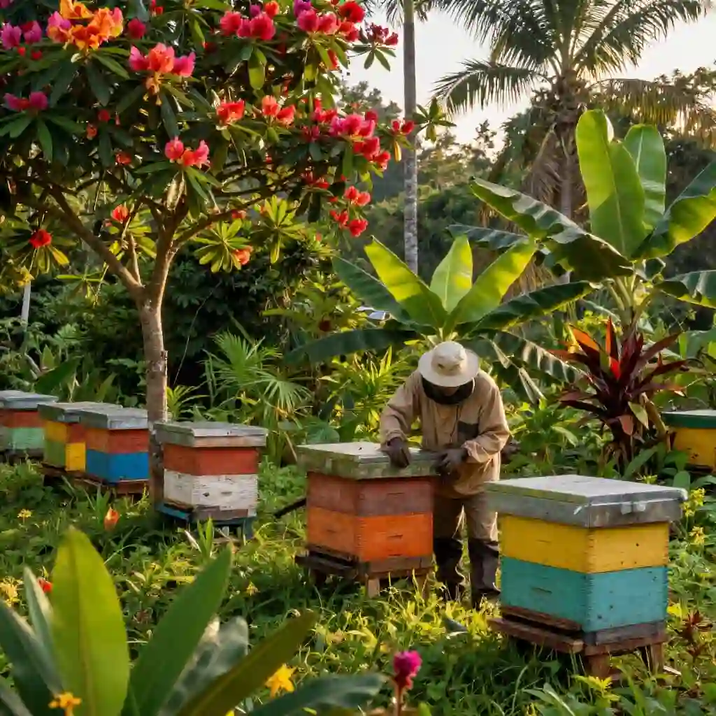 Rucher installé en zone tropicale illustrant les spécificités de l'apiculture sous climat tropical.
