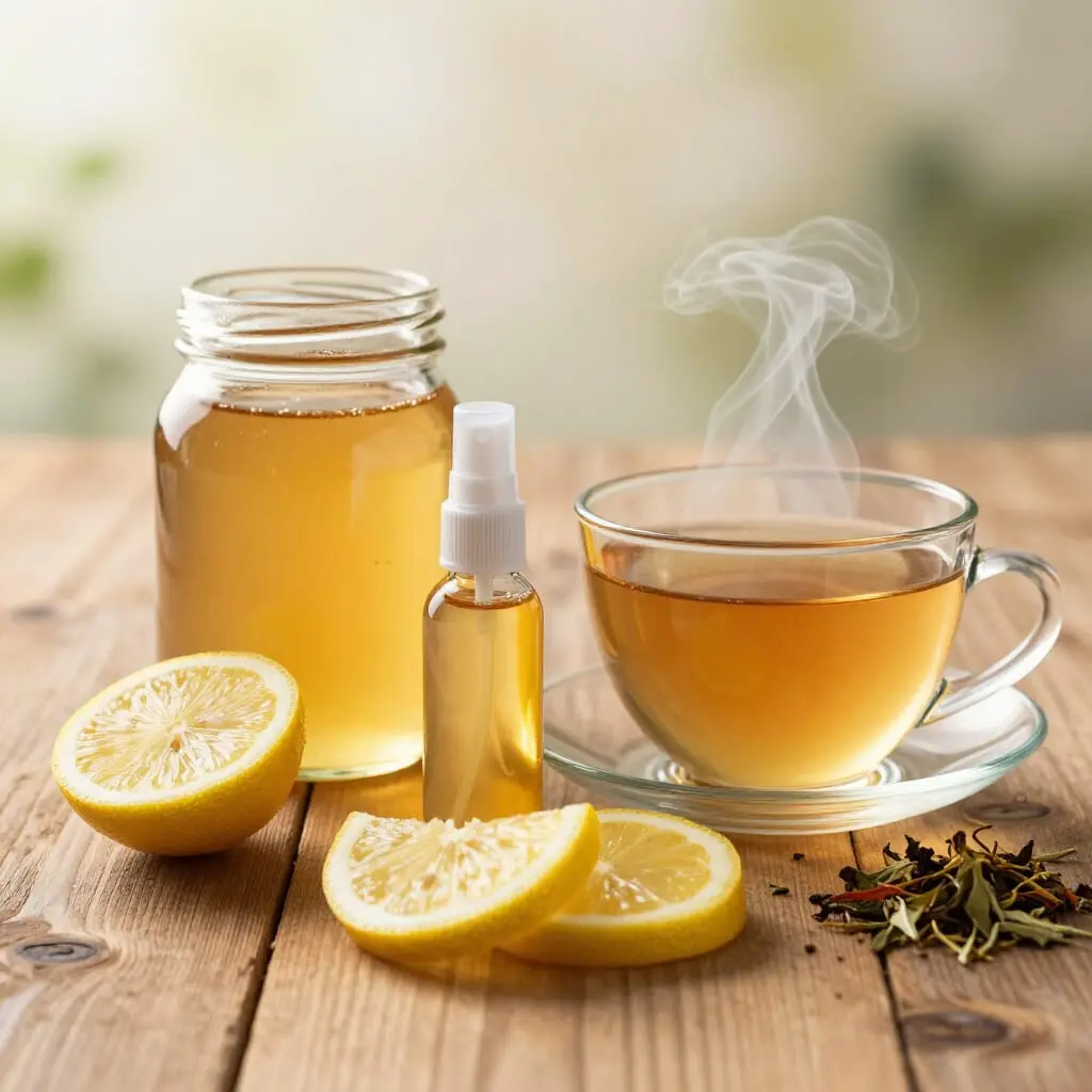 Miel, propolis et tisane pour le confort de la gorge.