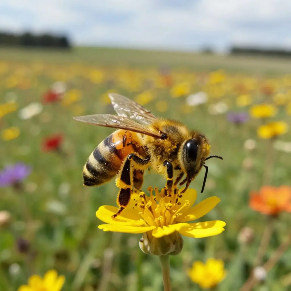 Abeille butinant plusieurs fleurs dans une prairie pour récolter du nectar et du pollen
