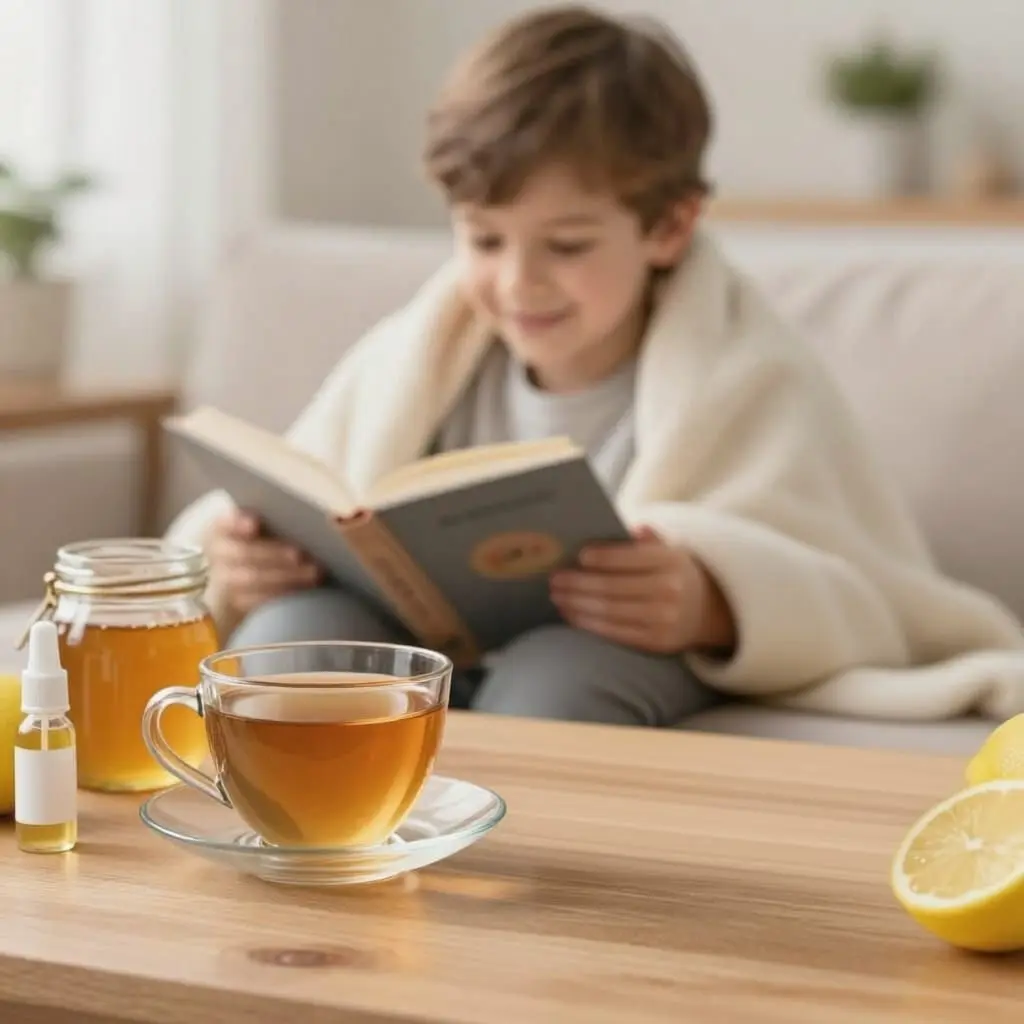 Miel et propolis dans une ambiance de bien-être pour le confort des voies respiratoires chez l'enfant.