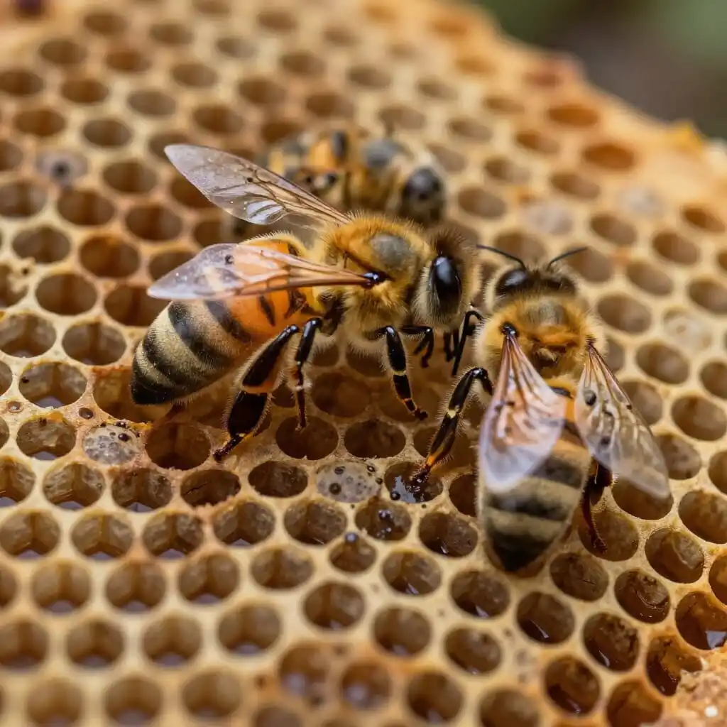 Œufs larves et cellules royales visibles dans un cadre de ruche