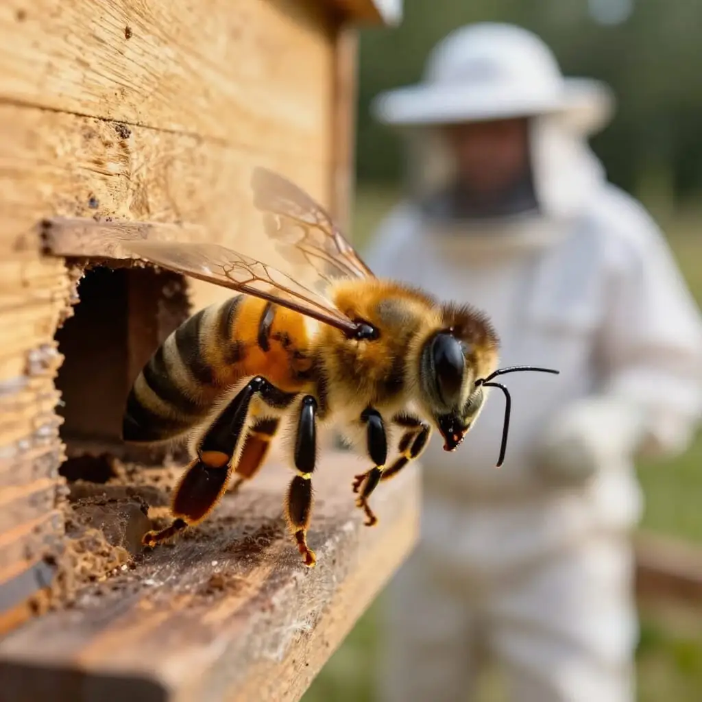 Abeille en position défensive près de la ruche pour expliquer les raisons des piqûres