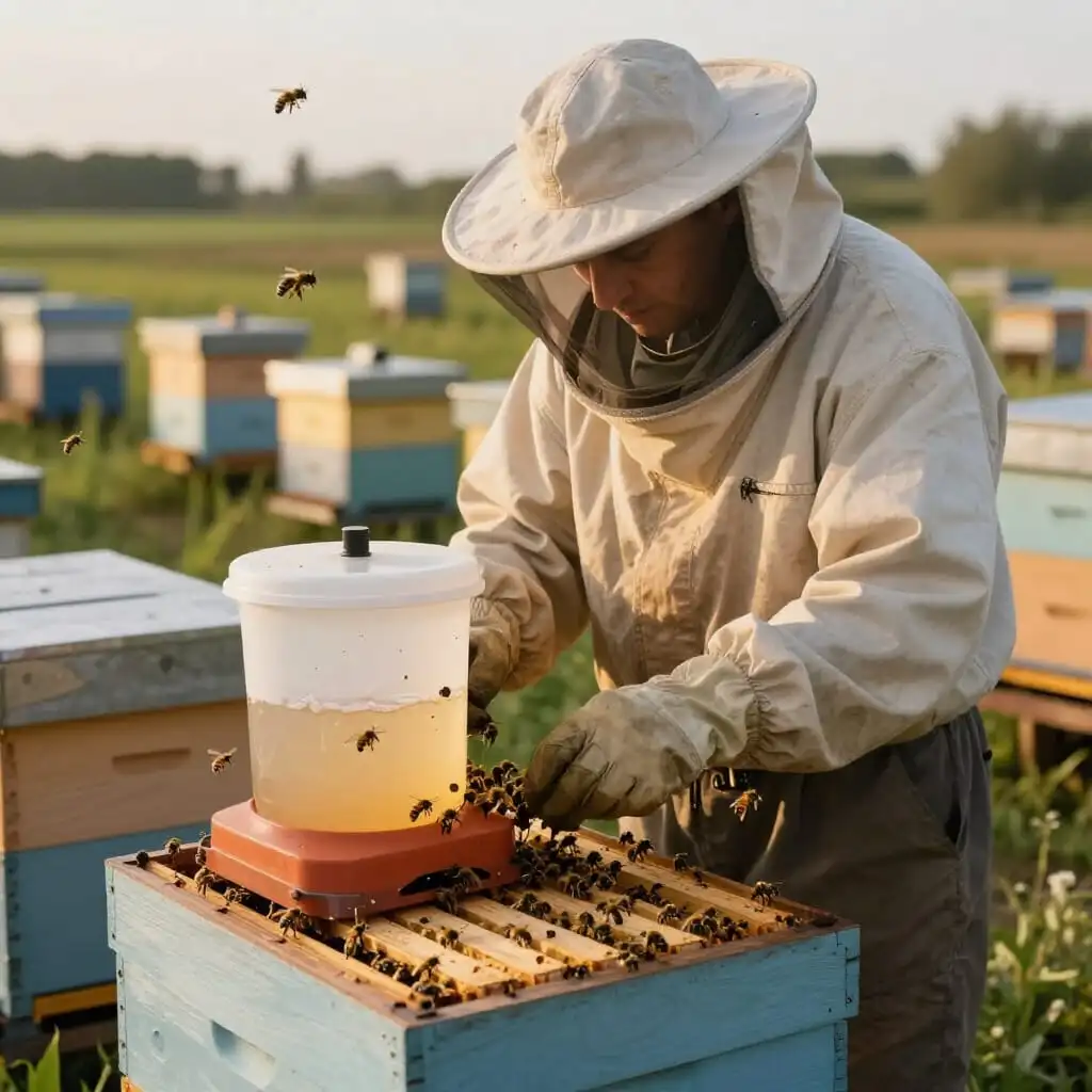 Apiculteur installant un nourrisseur pour ses abeilles