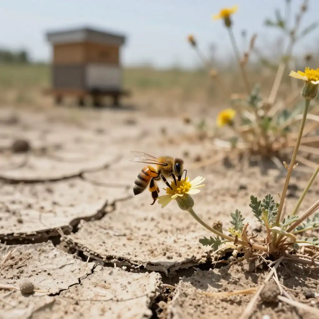 Abeille butinant une fleur desséchée pendant une période de sécheresse