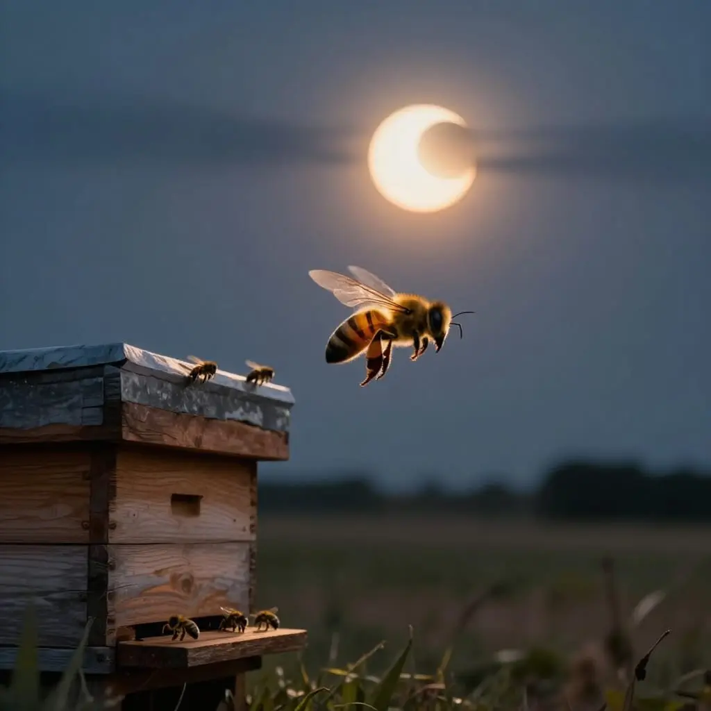 Abeille en vol devant une ruche pendant une éclipse solaire