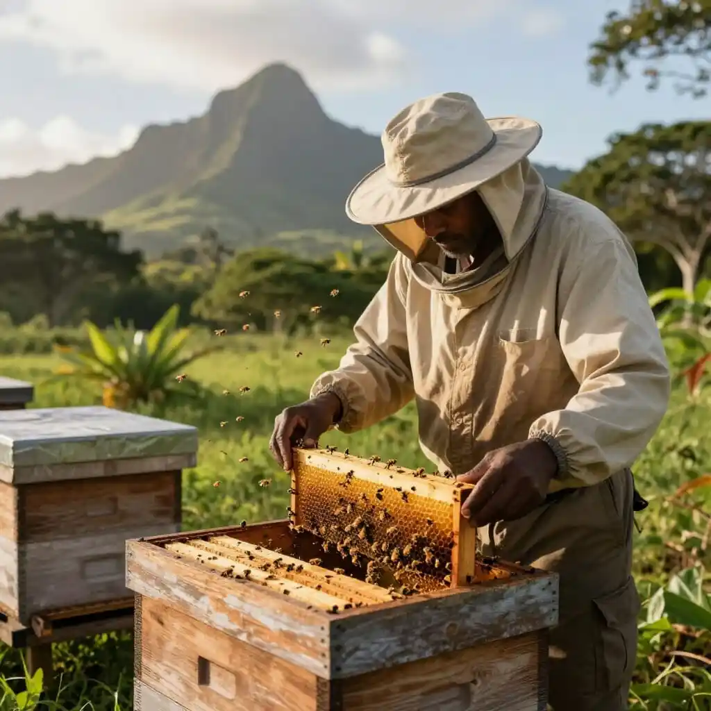 Apiculteur à Maurice inspectant une ruche dans un paysage tropical