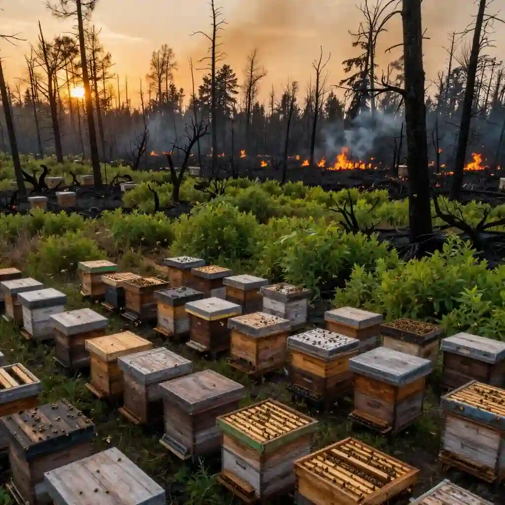 Rucher entouré d'une forêt en régénération après un incendie, illustrant la résilience des abeilles