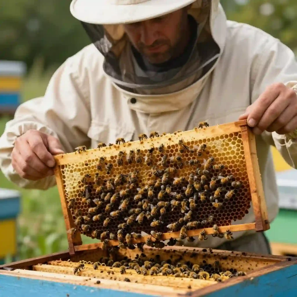 Apiculteur constatant une baisse du nombre d'abeilles dans une ruche en août