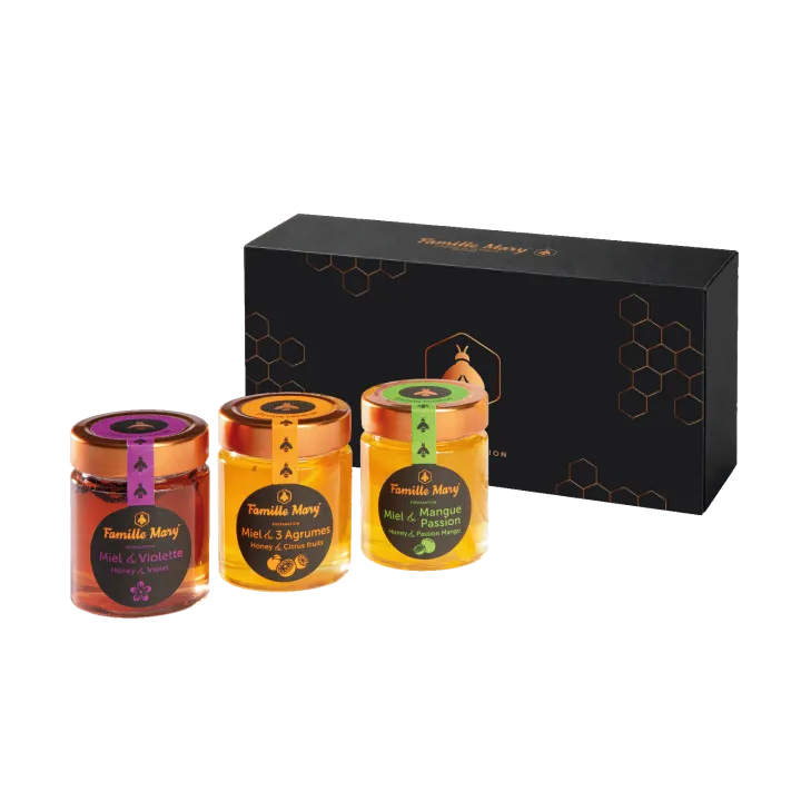 Coffret cadeau 3 miels création - Famille Mary