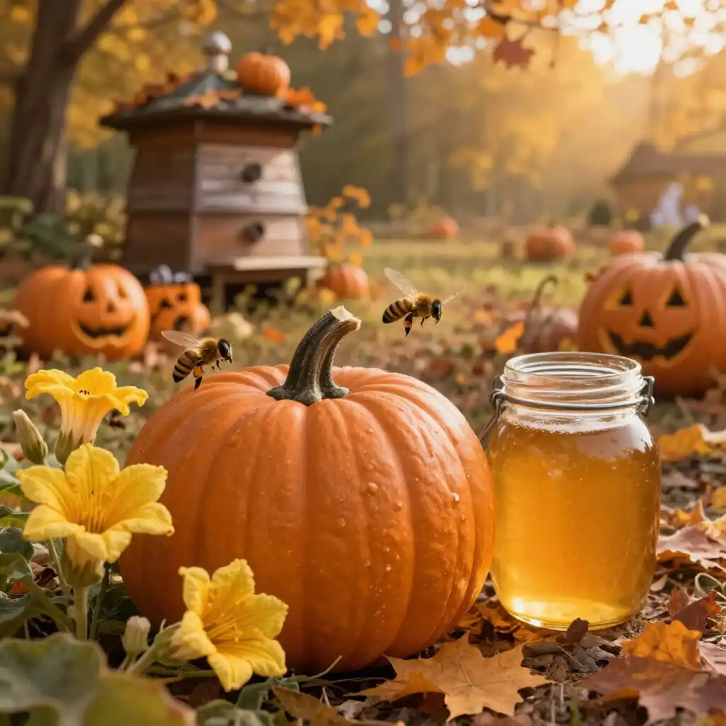 Abeilles butinant des fleurs de citrouille dans un champ de courges en automne, près d'une citrouille et d'un pot de miel doré, ambiance Halloween.